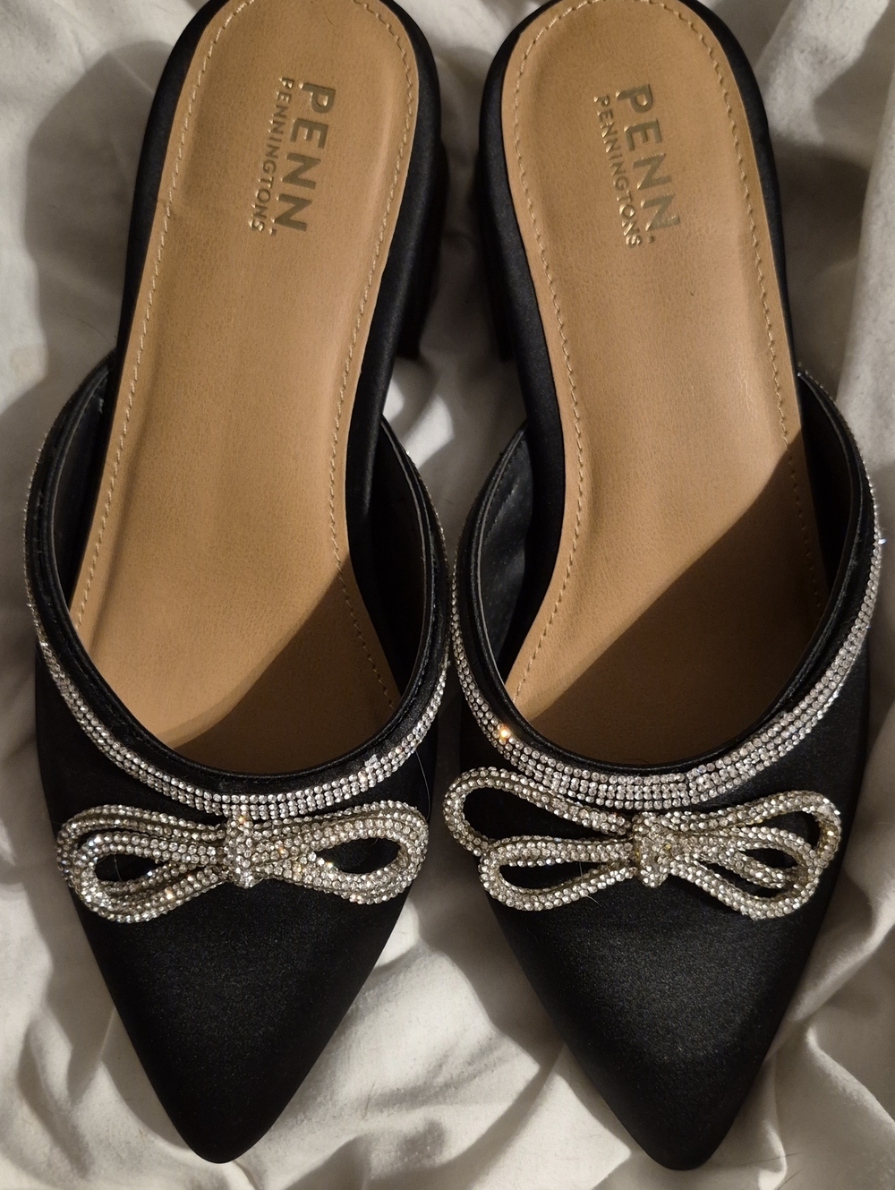 Penningtons Black Satin Pointed Toe Slip-On Mules with Crystal Bow Trim